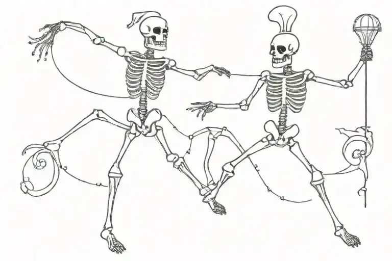 Danse macabre 3 skeletons 1 king and 1 jester dancing tattoo design idea