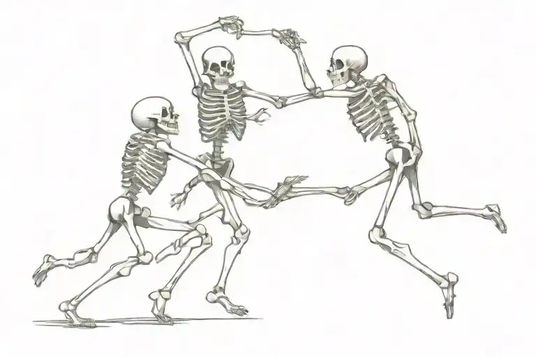 danse macabre 3 skeletons 1 king and 1 jester dancing tattoo design idea