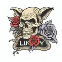 rose skull dog on the Headstone with word 'lucky' on it  tattoo design idea