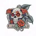 rose skull dog on the Headstone with word 'lucky' on it  tattoo design idea