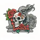 rose skull dog on the Headstone with word 'lucky' on it  tattoo design idea