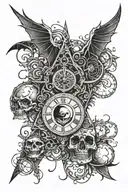 all seeing eye, vampire, moon, clock face, skull, sleeve tattoo design idea