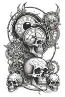 all seeing eye, vampire, moon, clock face, skull, sleeve tattoo design idea