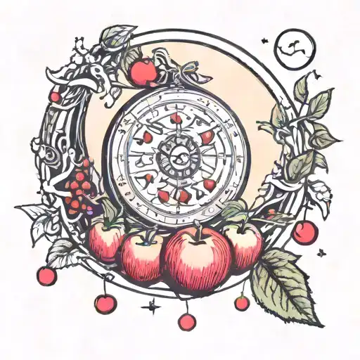 full moon tarot card featuring apples, blood drops, time and space tattoo design idea