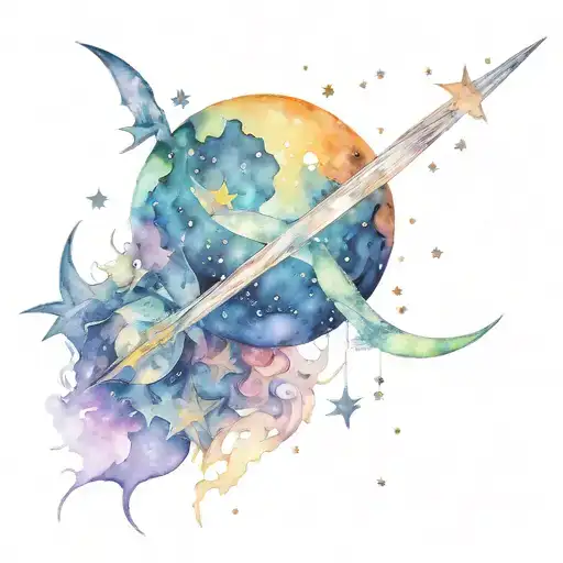 full moons merging in space with a shooting star  tattoo design idea