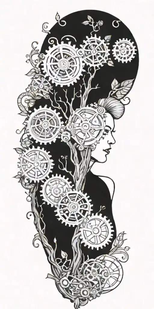steampunk family tree with four gears tattoo design idea