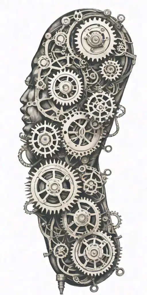 steampunk machine with gears and cogs symbolizing family, with Copper wires intertwined tattoo design idea