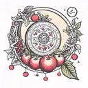 full moon tarot card featuring apples, blood drops, time and space tattoo design idea