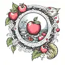 full moon tarot card featuring apples, blood drops, time and space tattoo design idea