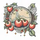 full moon tarot card featuring apples, blood drops, time and space tattoo design idea