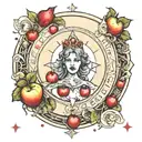 full moon tarot card featuring apples, blood drops, time and space tattoo design idea