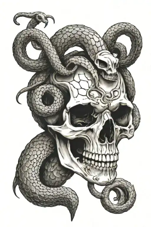 decomposing snake wrapped around goat skull tattoo design idea