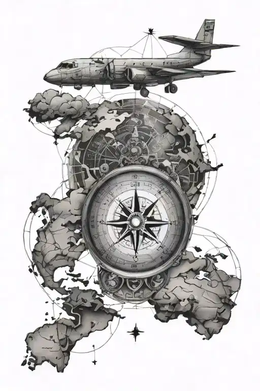 Compass World Map Aircraft  tattoo design idea