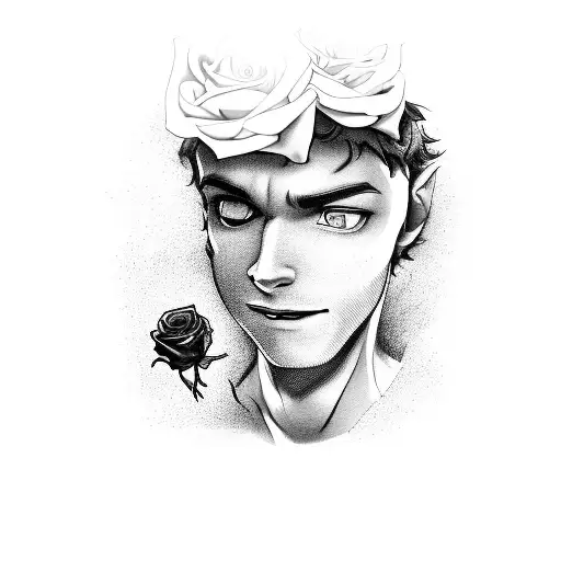 A detailed black and grey portrait of Peter Pan holding a rose, with the map of Venezuela incorporated into his clothing tattoo design idea