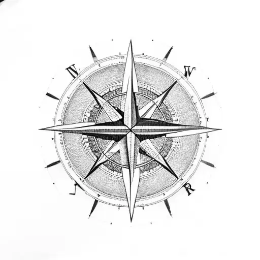 A blackwork tattoo of a compass rose, with Peter Pan's shadow as the needle, pointing towards Venezuela tattoo design idea
