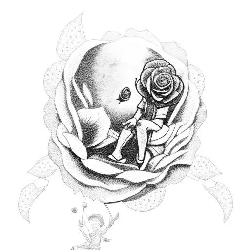 A dotwork tattoo of Peter Pan sitting on a rose petal, with the Venezuelan flag as the background tattoo design idea