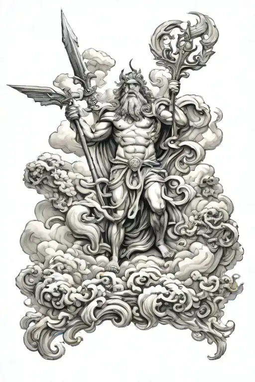 Zeus holding lighting in the clouds Poseidon holding a trident at sea and hades with Severus in hell tattoo design idea
