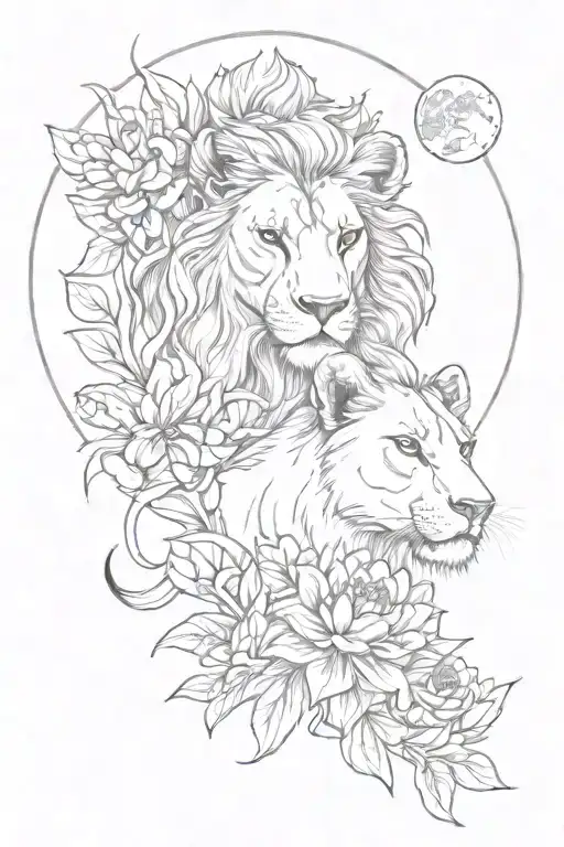 Lioness, two lion babies, lotus flower, feminine, floral design, feathers, moon tattoo design idea