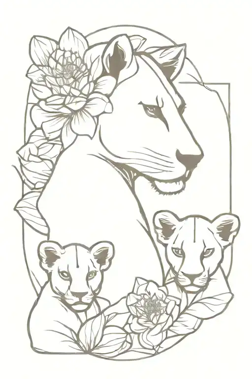 Lioness, two cubs, lotus flower, feminine, floral design tattoo design idea