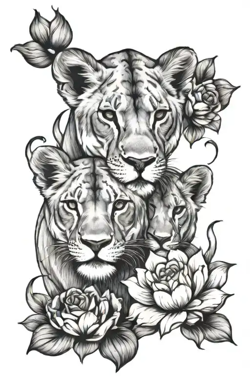 Lioness, two lion babies, lotus flower, feminine, floral design tattoo design idea