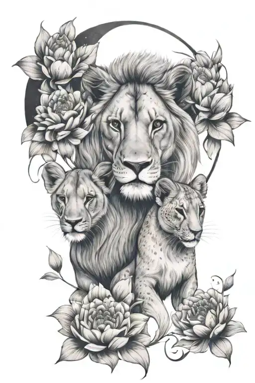 Lioness, two lion babies, lotus flower, feminine, floral design, feathers, moon tattoo design idea