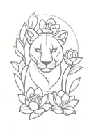 Lioness, two cubs, lotus flower, feminine, floral design tattoo design idea