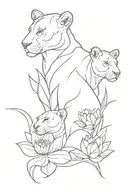Lioness, two cubs, lotus flower, feminine, floral design tattoo design idea
