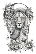Lioness, two lion babies, lotus flower, feminine, floral design, feathers, moon tattoo design idea