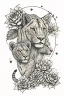Lioness, two lion babies, lotus flower, feminine, floral design, feathers, moon tattoo design idea