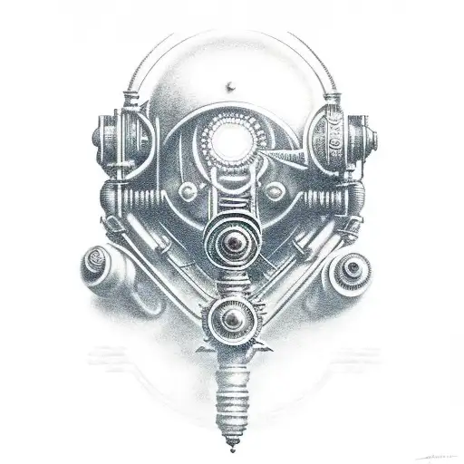 A realistic portrait of the protagonist from Bio shock with intricate steampunk elements tattoo design idea