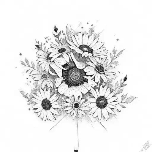 flower bouquet with black eyed Susans and wildflowers and rose  tattoo design idea