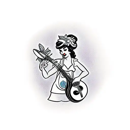 sailor jerry style hula girl playing ukelele on surfboard with hawiian flowers background tattoo design idea