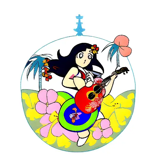 sailor jerry style hula girl playing ukelele on surfboard with hawiian flowers background tattoo design idea