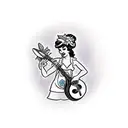 sailor jerry style hula girl playing ukelele on surfboard with hawiian flowers background tattoo design idea