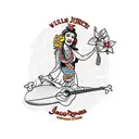 sailor jerry style hula girl playing ukelele on surfboard with hawiian flowers background tattoo design idea