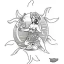 sailor jerry style hula girl playing ukelele on surfboard with hawiian flowers background tattoo design idea