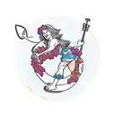 sailor jerry style hula girl playing ukelele on surfboard with hawiian flowers background tattoo design idea