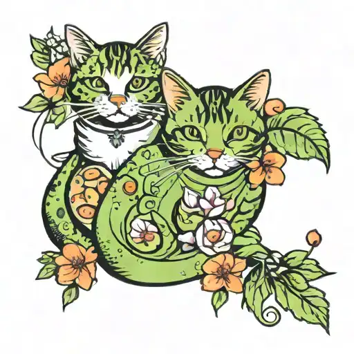 avocado with flowers and cats sitting tattoo design idea
