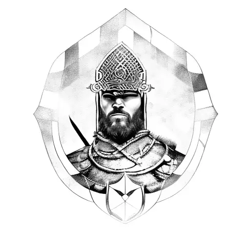 A Viking warrior wearing high-tech armor and holding a shield with an AI interface tattoo design idea