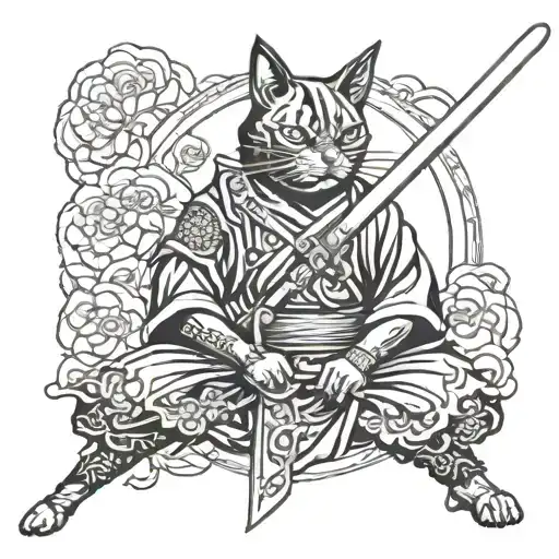 oriental black cat samurai sword surrounded tattoo design idea