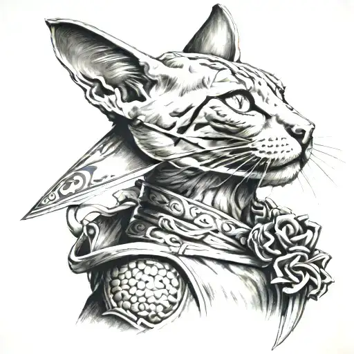 oriental cat samurai sword tattoo design idea