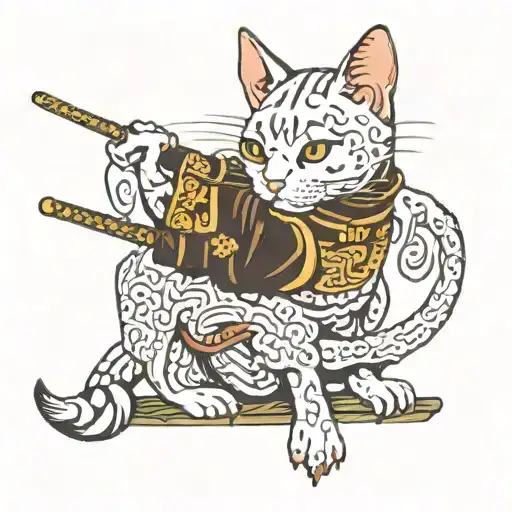 oriental cat samurai sword tattoo design idea
