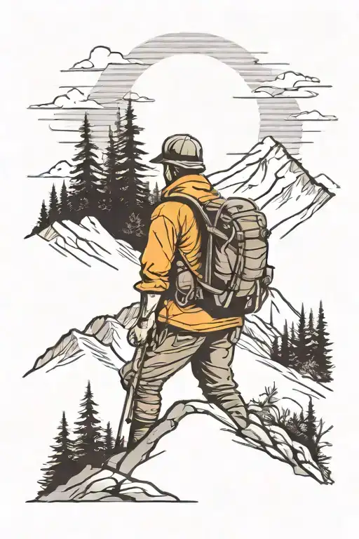 hiker far away in the mountains with sun rising tattoo design idea