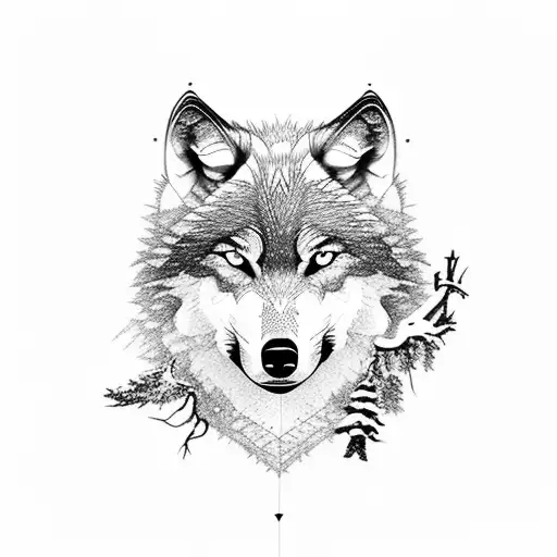 Wolf mountain trees snow tattoo design idea