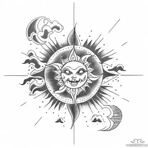 A tattoo design of a sun with your kids' birth dates incorporated into the rays, shining through stormy clouds tattoo design idea