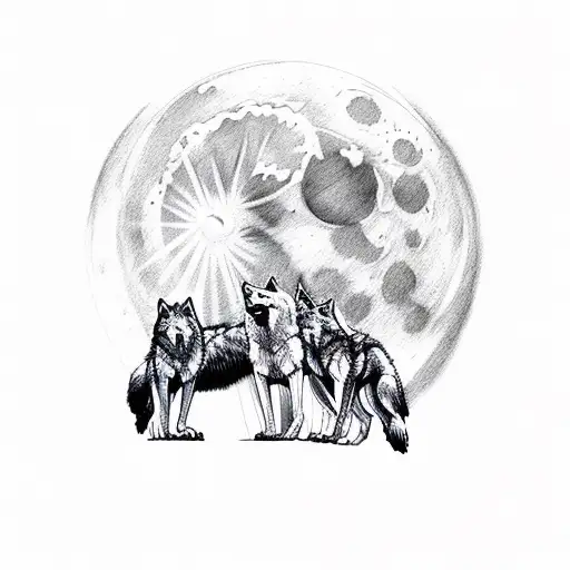 A pack of fierce wolves howling at the moon in the wilderness tattoo design idea