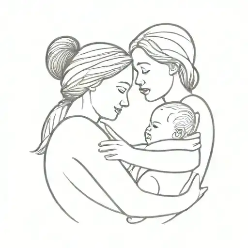 mother holding baby girl and hugging toddler son facing forward. Children looking up and mother looking down.  tattoo design idea