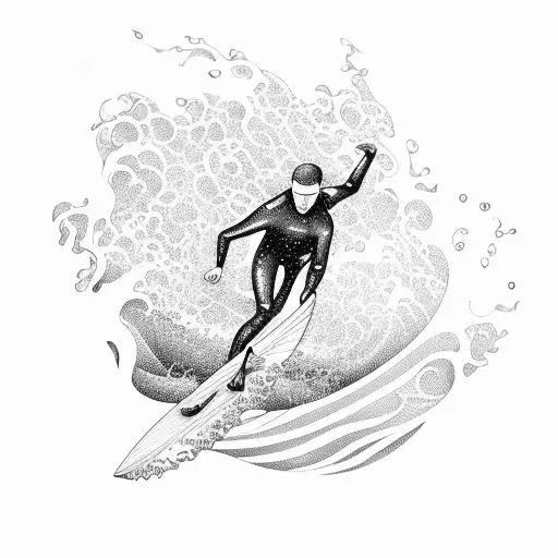 A surfer riding a giant wave made of musical notes, symbolizing the client's connection between surf and music tattoo design idea