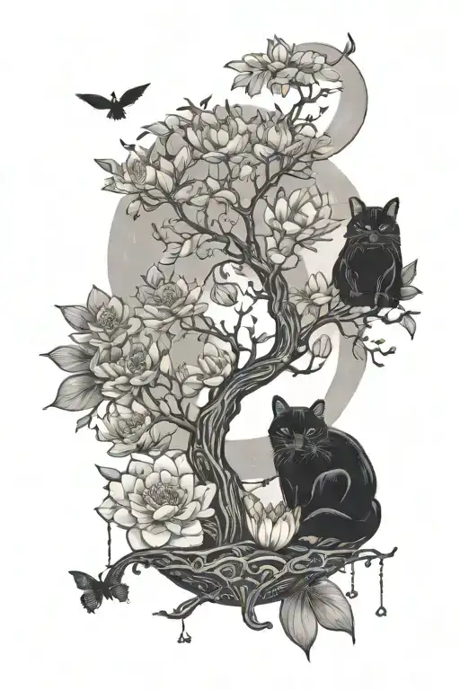 tree of life, moon, black cat, water lily tattoo design idea