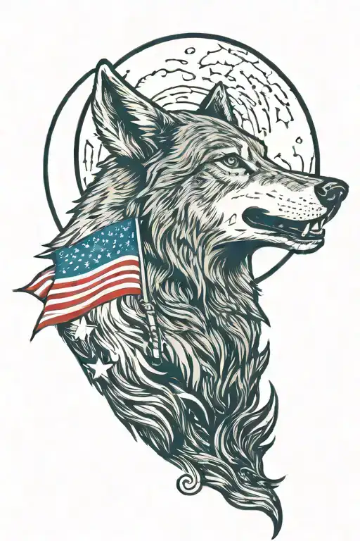 wolf howling at half moon with an American flag waving on a hill tattoo design idea